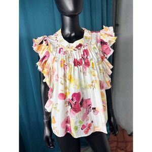 FAIRHOPE White Floral Ruffle Sleeve Pintuck Neck Blouse Women's Medium